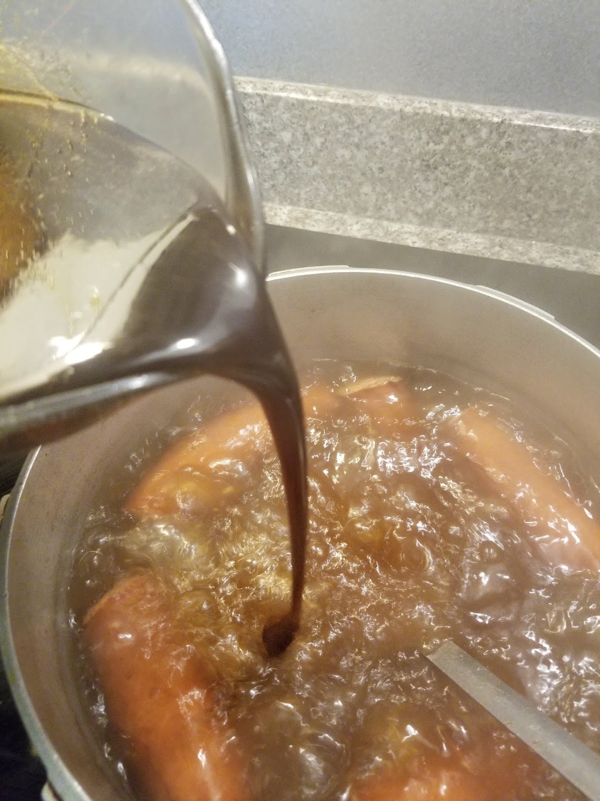 Sausage coated as liquid reduces