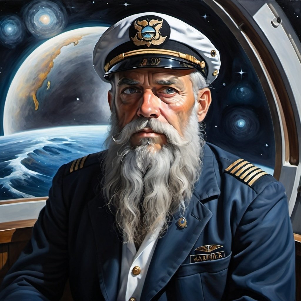 Created with  OpenArt.ai  Prompt: Create a UHD, 64K professional oil painting The Mariner, with his long grey beard and glittering eyes, sat quietly in the observation deck, gazing out into the infinite cosmos. His eyes held a depth of knowledge and sorrow that spoke of many untold stories. It was here that he encountered a young space traveler,  By   by Steven M. Tilley using Model: OpenArt SDXL